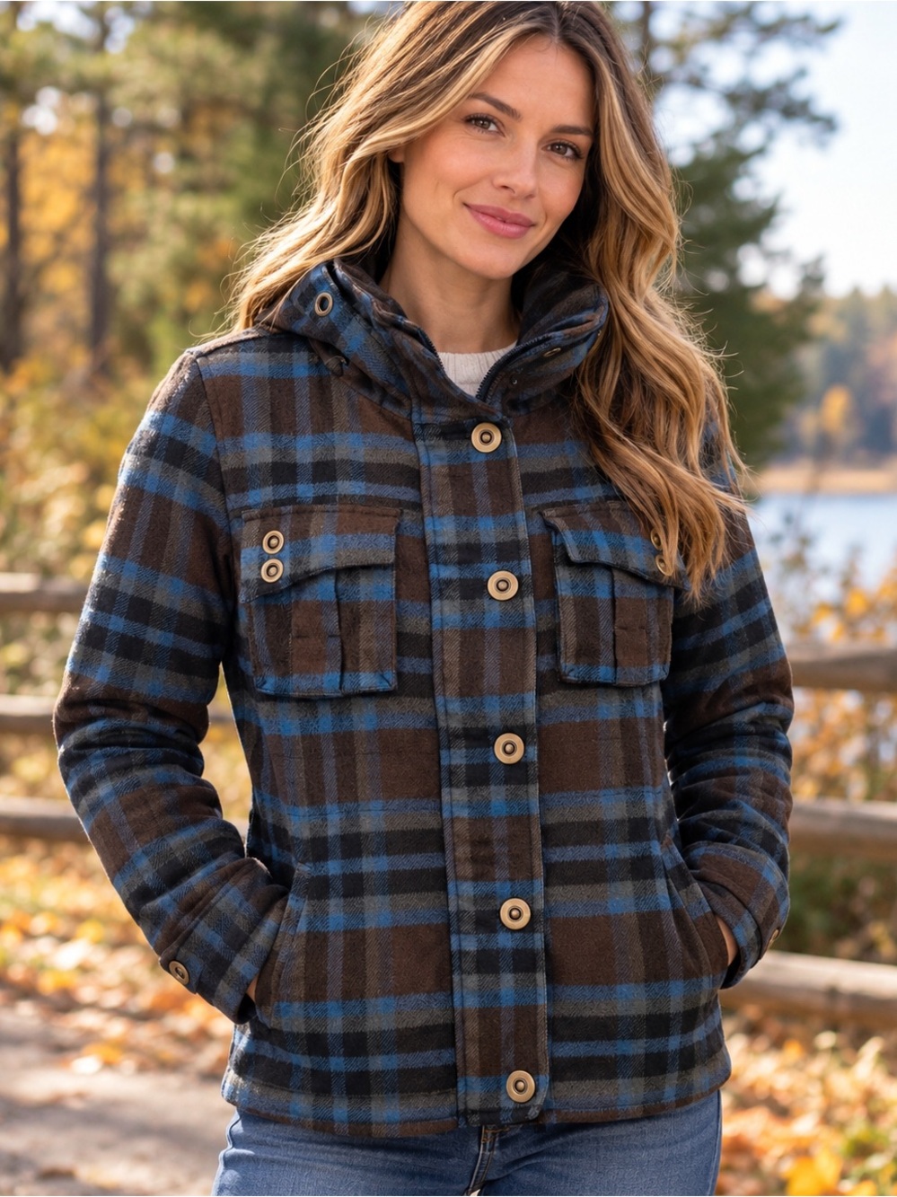 Le Château Women’s M Blue Brown Plaid Wool Blend Jacket Hidden Hood